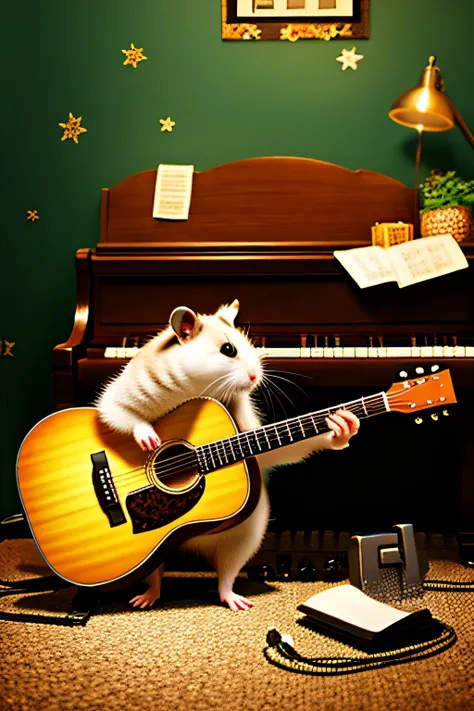 Hamster playing the guitar,There is a piano in front of the hamster.,, (masterpiece:1.2),highest quality,masterpiece,High resolution,original,highly detailed wallpaper,perfect lighting,(Very detailed CG:1.2),drawing,paintbrush,