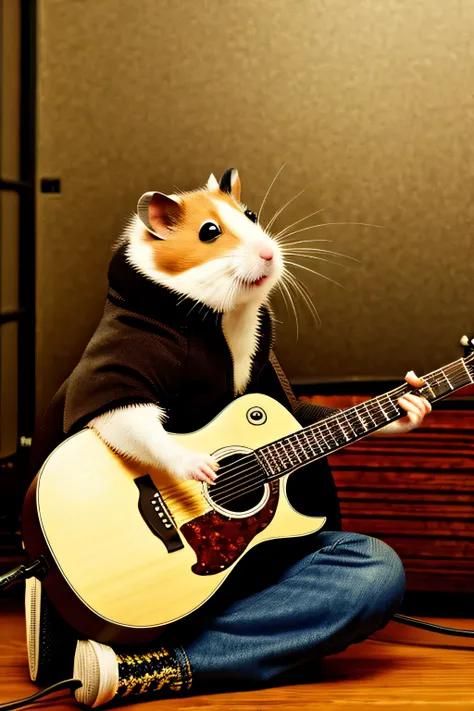 Hamster playing the guitar,There is a piano in front of the hamster.,, (masterpiece:1.2),highest quality,masterpiece,High resolution,original,highly detailed wallpaper,perfect lighting,(Very detailed CG:1.2),drawing,paintbrush,