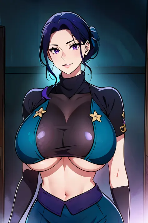 An anime-style artwork depicting ruan mei from the game Honkai star rail.

Tags: ruan mei, anime, detailed eyes, detailed lips, black crop top, black turtleneck, black pencil skirt, smiling expression, intense gaze, glowing emblem on hand, dynamic pose, my...