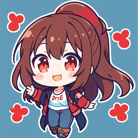 1girl,brown hair,ponytail hair,red eyes,using jacket and blue jeans,smile expression,full body