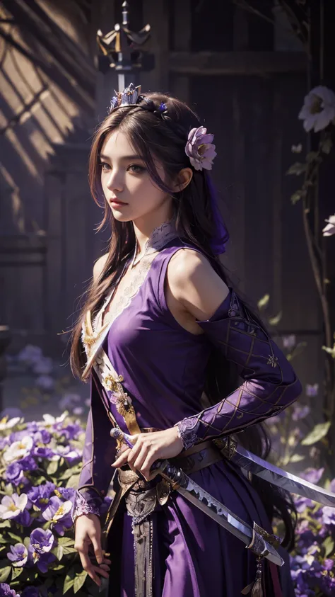 model shoot,1 girl, (innocent face:1.4), long hair, (fantasy Assassin:1.5), purple outfit, lace:1.5, (crown:1.5), (flower:1.5), hyper realistic, super detailed, Dynamic shot, masterpiece, scene sharp détails, perfect eyes, perfect skin, (assassin sword:1.5...