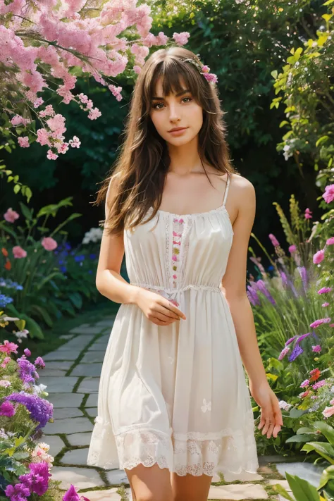 (((Chara Sophia))) 1Girl 18 years old, only, long messy hair, bangs, midsize , brunette hair, fullbody, realistic lips In a beautiful garden filled with colorful flowers, the main subject is a girl wearing a vibrant dress. Her eyes are beautifully detailed...