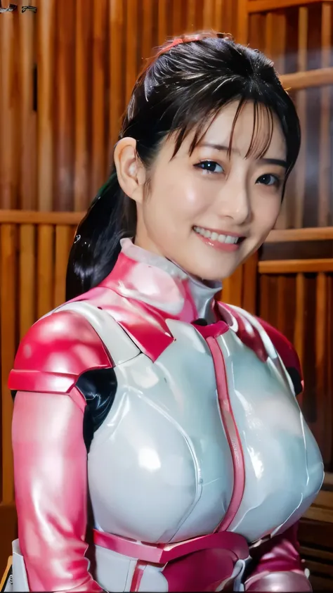 （super highest quality、In 8K、Masseter muscle part、delicate illustrations、Full body Esbian）,(She wears a dark pink and white shiny, skin-tight hero suit with a bust protector.:1.5）、A beautiful and seductive Japanese woman, 25 years old、plump body、ponytail b...