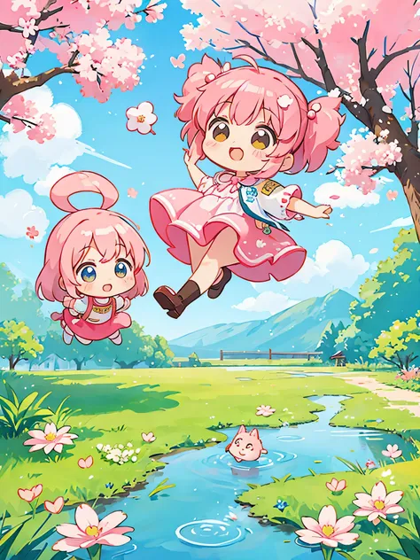 Momoko Sakura style, Kawaii Design, Chibi, beautiful spring afternoon、Jumping in puddles