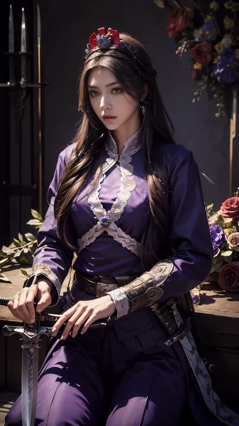 model shoot,1 girl, (innocent face:1.4), long hair, (assassin outfit:1.5), purple outfit, lace:1.5, (crown:1.5), (flower:1.5), hyper realistic, super detailed, Dynamic shot, masterpiece, scene sharp détails, perfect eyes, perfect skin, (assassin sword:1.5)...