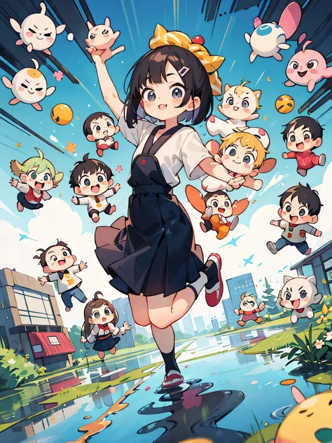 Akira Toriyama style, Kawaii Design, (((20 people)))、most beautiful girl ever、Chibi, Colorful bob hair、((Lots of friends))、((Jumping in puddles))、(((big family)))