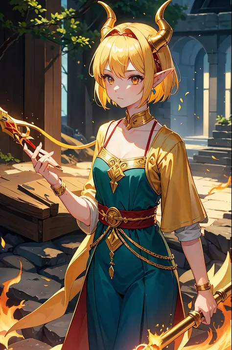 Girl, elf, dragonborn, golden hair, short hair, golden eyes, fire staff in hand, long red jumpsuit decorated with gold threads, middle ages, headband in the form of dragon horns, shy, rich