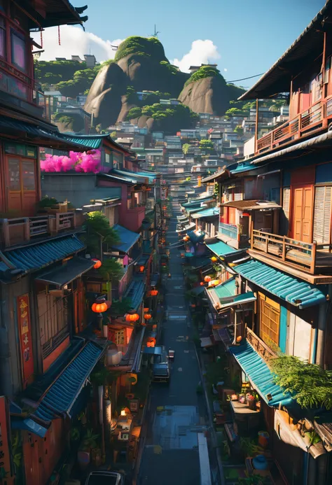 Here is a photo of a street with many buildings, concept art by senior environment artist, CG Social Trends, maximalism, an opulent favela environment, beautiful screenshots, Downtown Solar Punk Utopia, stunning screenshot, dense hypermaximalist metropolis...