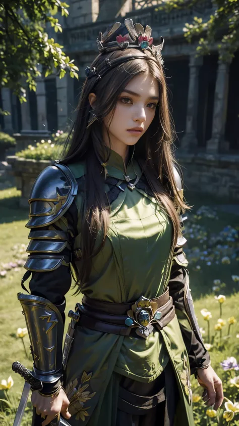 model shoot,1 girl, (innocent face:1.4), long hair, (assassin armor:1.5), green outfit, lace:1.5, (crown:1.5), (flower:1.5), hyper realistic, super detailed, Dynamic shot, masterpiece, scene sharp détails, perfect eyes, perfect skin, (assassin sword:1.5), ...