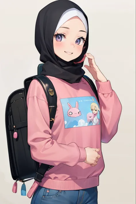 masterpiece, hd, 1girl, realistic, pink sweater, hijab, wearing backpack, (backpack:1.2), denim pants, macbook, smile