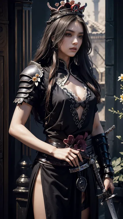 model shoot,1 girl, (innocent face:1.4), long hair, (assassin armor:1.5), black outfit, lace:1.5, bare waist, ( beautiful crown:1.5), (flower:1.5), hyper realistic, super detailed, Dynamic shot, masterpiece, scene sharp détails, perfect eyes, perfect skin,...