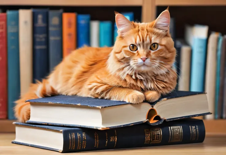 There is a cat sitting on a stack of books., Intelligent cat, There is a book next to the cat, Curled up in a book, librarian, Barely at home, the librarian, dusty library, Cat Pictures, reading a book, library background, cute Cat Pictures, In-depth knowl...