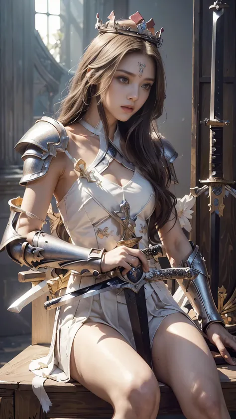 model shoot,1 girl, (innocent face:1.4), long hair, (assassin armor:1.5), white outfit, bare shoulder, ( beautiful crown:1.5), (bloom effect:1.5), hyper realistic, super detailed, Dynamic shot, masterpiece, scene sharp détails, perfect eyes, perfect skin, ...