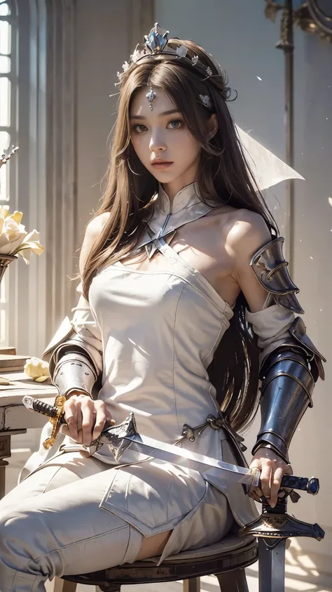 model shoot,1 girl, (innocent face:1.4), long hair, (assassin armor:1.5), white outfit, bare shoulder, ( beautiful crown:1.5), (bloom effect:1.5), hyper realistic, super detailed, Dynamic shot, masterpiece, scene sharp détails, perfect eyes, perfect skin, ...