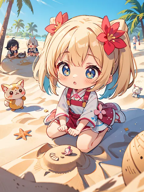 Momoko Sakura style, Kawaii Design, most beautiful girl ever、Chibi, Colorful bob hair、((Lots of friends))、(((Playing in the sand together)))