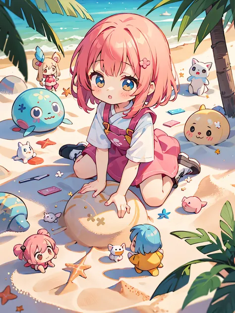 Momoko Sakura style, Kawaii Design, most beautiful girl ever、Chibi, Colorful bob hair、((20 friends))、(((Playing in the sand together)))