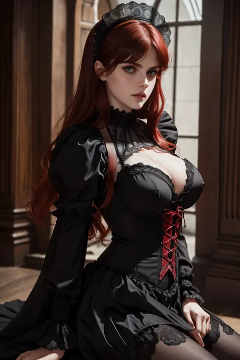 Alexandra Daddario, She breast size is M cup, full body, she very sexy, she have perfect body, she so beautifully,She have good eyes,She is full of charm,close up,Shes got red hair.,She dresses in a Gothic Lolita style. ,She is in a Gothic style castle.
