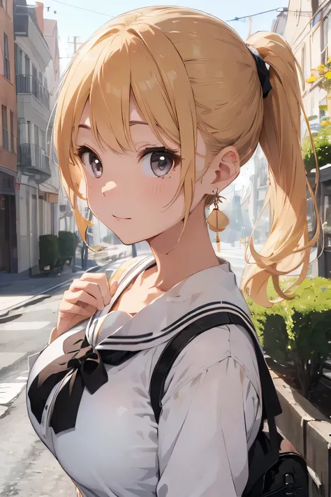 ((best quality)), ((masterpiece)), (detailed), perfect face、turn around、blush、ponytail、sailor suit、blonde、big breasts、earrings、