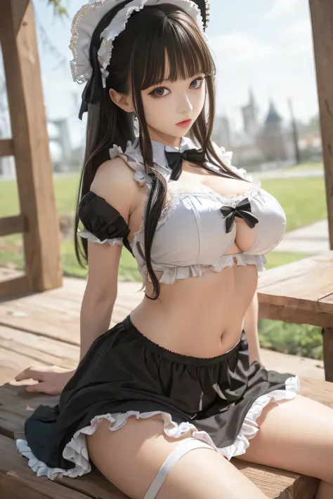 chunmomo, (masterpiece, best quality:1.2), soft light, 1girl, solo, delicate face, Detailed skin, long black hair, ,gothic lolita dress,in park,underboob