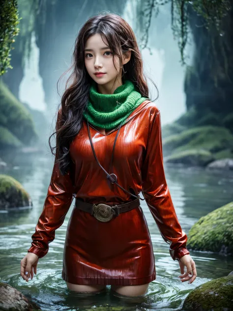 masterpiece, best quality, autumn outfit, colorful hair, outdoor,upper body, colorful autumnal clothes, ((fully clothed)), warm clothes, wet clothes, soaked, drenched, excited, wet hair, wet and slimy, water up to her chest, submerged, fantasy environment,...