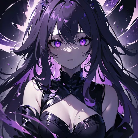 (best quality,4k,8k,highres,masterpiece:1.2), ultra-detailed, realistic:1.37, long and purple hair, glowing suspicious eyes, whole body in focus, ruin in the background, monochrome color scheme, in the dark, a girl with a dark purple glow and purple eyes l...