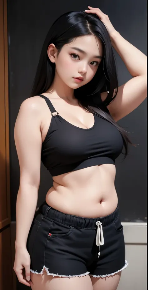 Gadis 16 tahun, tubuh chubby ,   pose acak di ruangan hitam, memakai sneakers warna merah, payudara kecil, paha tebal, , thick arm, hot , , fat belly, long dressed , SFW,  , SMALL CURVY  , Wide cleavage, chest