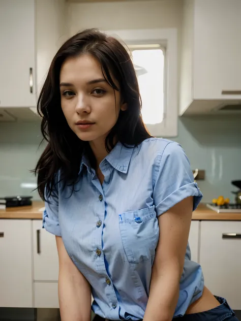 jenya.d, (closeup portrait) woman wearing blue button up shirt, facing viewer, beautiful woman medium hair, perfect face, ((in k...