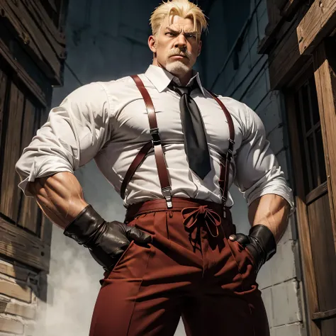 Eagle Street fighter character, age 50, scare on face, white shirt, red mens neckerchief, dark gray pants, black suspender, big muscular body, white gloves, blonde short hair, blonde mustache, very serious face ,two wooden short bow in hands, 