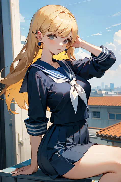 ((highest quality)), ((masterpiece)), (The gesture of tucking hair behind the ear), perfect face、sailor suit、blonde hair、big breasts、small butt、I have ear piercingini skirt、long hair、school rooftop、accurate arm