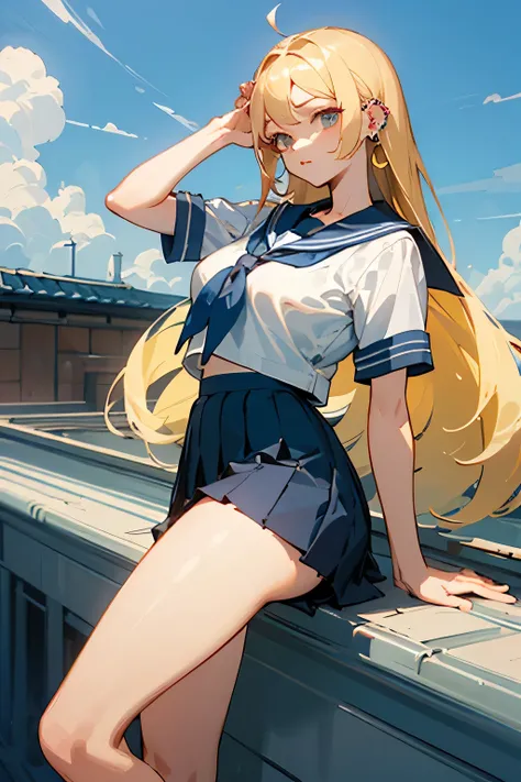 ((highest quality)), ((masterpiece)), (The gesture of tucking hair behind the ear), perfect face、sailor suit、blonde hair、big breasts、small butt、I have ear piercingini skirt、long hair、school rooftop、accurate arm