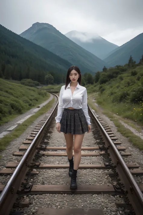 (highest quality,8K,UHD:1.2),(cute japanese girl),(huge breasts、shirt),skirt、Abandoned railway tracks、line、Desolate and eerie mountainous region、surprise、aesthetic sense、Artistic、