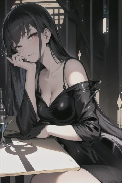 Anime girl with long black hair sitting at the table，A glass of wine in his hand, Anime girl wearing black dress, guweiz, seductive anime girl, guweiz style artwork, Beautiful charming anime woman, 8k high quality detailed art, Beautiful anime woman, anime...