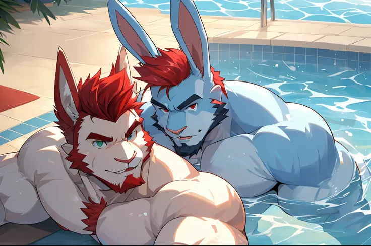 (perfect face, bara furry, rabbit man, big body, light blue skin, short quiff red hair, green eyes, perfect eyes, big rabbit ears, handsome, underwear) at pool with (perfect face, bara furry, rabbit man, big body, white skin, short quiff red hair, red eyes...