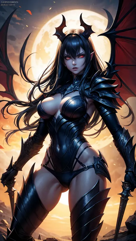 girl, gargoyle warrior, comprised of Antikythera mechanisms, crouching, evil look, sexy, see through armour panties, claws, fangs, wings, busty,  massive tail, demonic armor, facepaint, bodypaint, red glowing eyes, combat stance, vibrant appearance, creati...