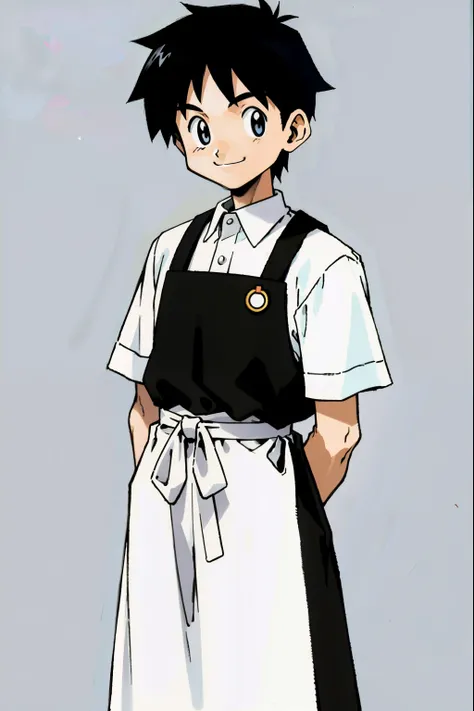 by Ken Sugimori, sugimori 1990s, ((only 1man)), white collared shirt, black apron, smiling ((hands behind their back)), full black pupils, manga, best quality, highly detailed, clean lines, cowboy shot, good hands, good eyes, hd, 8k, professional, symmetri...