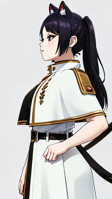 Una pieza elegante, Mejor calidad), 1 chica,1 chico,((sentado en la cara)), aafrie, ((long hair slightly wavy slightly past the shoulders, black bangs, small black pigtails on the sides, cute cat ears, beautiful thin red eyes,)), orejas puntiagudas, pendie...