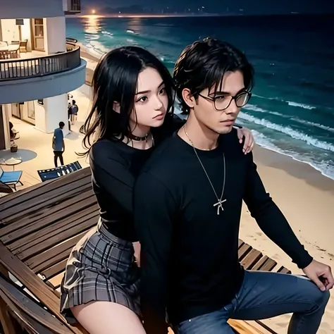 Araffe and a woman sitting on a bench near the ocean, pose de casal, Ruan Jia e Fenghua Zhong, Yanjun Chengt, ruan jia e brom, Jin Shan e Ross Tran, no estilo de kar wai wong, long wavy black hair and glasses, Zezhou Chen, ruan jia e artgerm, photoshoot