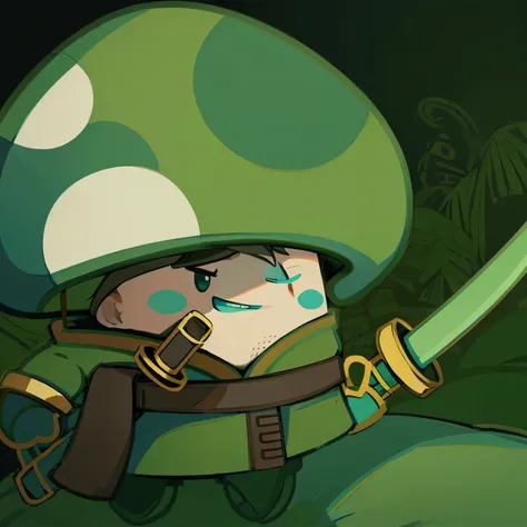 A swordsman wearing green clothes with mushrooms growing on his head，In the dilapidated old temple，dusk