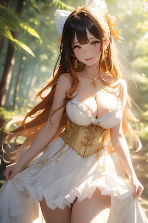 perfect face　amber hair　long hair　bangs bangs　frills　maid　white skin　amber eyes　thighs　big ribbon　lapis lazuli　cute　cleavage　sup...