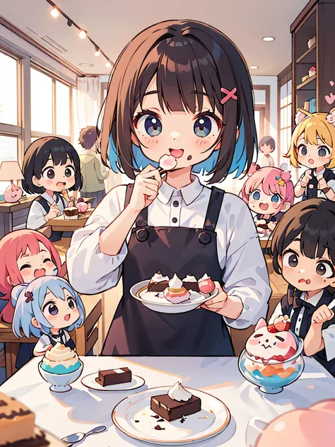 Momoko Sakura style, Kawaii Design, (((10 people)))、most beautiful girl ever、Chibi, Colorful bob hair、((Lots of friends))、children&#39;s room、(((Eat pudding together)))