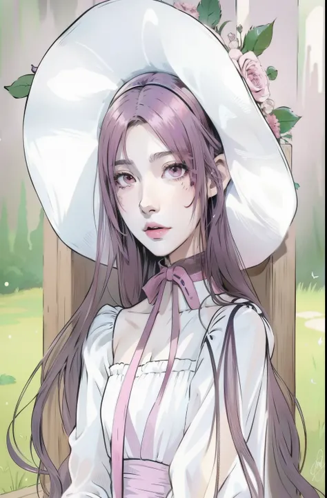 girl in a white hat and pink dress sitting on a bench, ((a beautiful fantasy empress)), in the art style of bowater, anime girl with long hair,  visual of a cute girl, delicate androgynous prince, beautiful style, beautiful anime woman, ”beautiful woman, b...