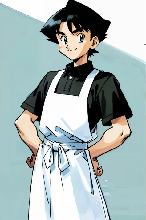 by Ken Sugimori, sugimori 1990s, ((only 1man)), white collared shirt, black apron, smiling ((hands behind their back)), full black pupils, manga, best quality, highly detailed, clean lines, cowboy shot, good hands, good eyes, hd, 8k, professional, symmetri...