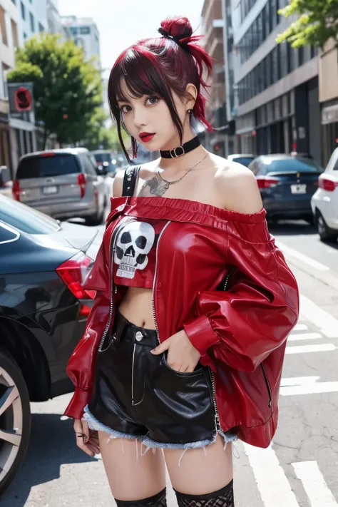 cute punk idol、whole body、good style、、、、、Skull Print Red Punk Costume（off shoulder）、、short hair