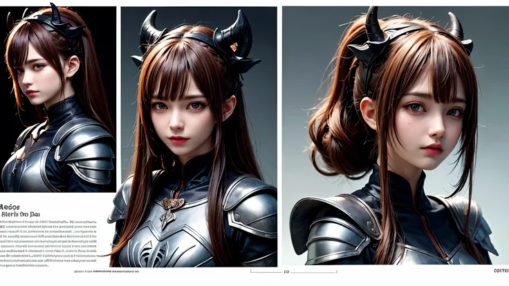 (Masterpiece, best quality), detailed, character sheet, many items (the same person, medieval royal armor, demonic heavy armor, fullplate armor, many parts), athletic, busty, demon, demon girl, detailed beautiful purple eyes, detailed face, pointy ears, re...