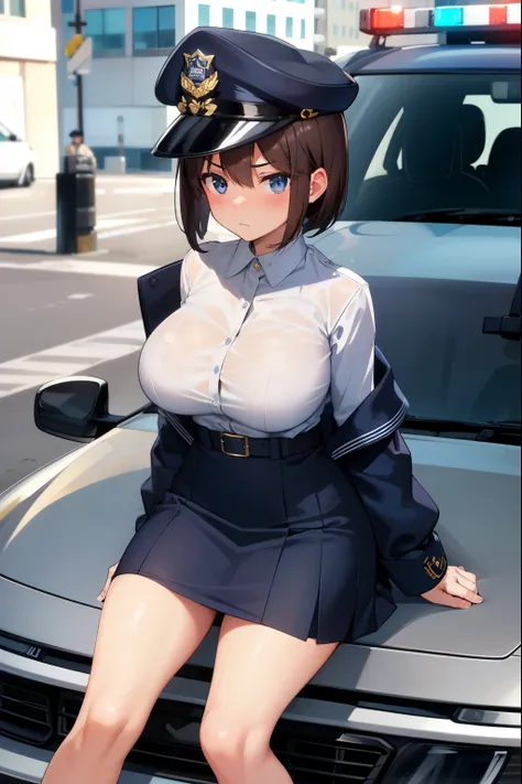 ,1 girl,Navy Blue American Police,navy blue mini skirt,Navy blue police hat,serious face,brown hair,bob hair,New York city,big breasts,blush,Sitting on the hood of a police car