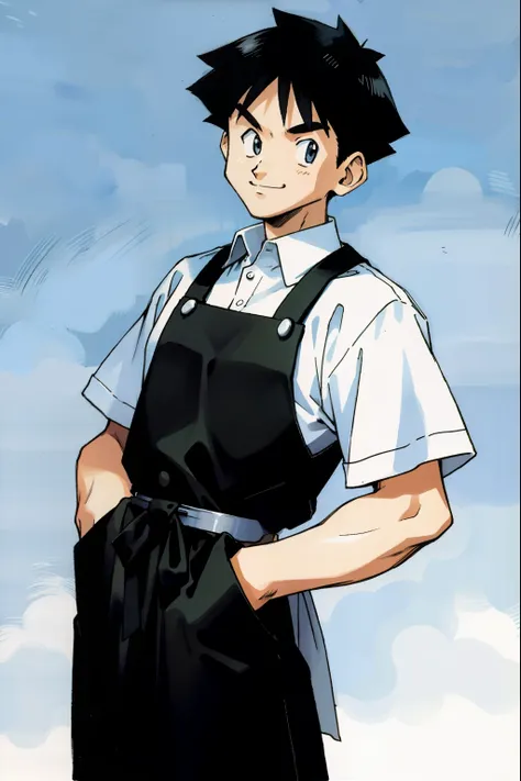 by Ken Sugimori, sugimori 1990s, ((only 1man)), white collared shirt, black apron, smiling ((hands behind their back)), full black pupils, manga, best quality, highly detailed, clean lines, cowboy shot, good hands, good eyes, hd, 8k, professional, symmetri...