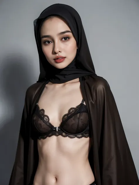 Coats, ((HIJAB)), (Wearing Bra Lingerie), (((HIJAB MALAY GIRL))), masutepiece, High quality, UHD 32K, Realistic face, Realistic skin feeling , A Malay Lady, 8 years old, , Very cute and baby-like face, (((FLAT CHEST))), (MATRIX WORLD), ((look In front  at ...