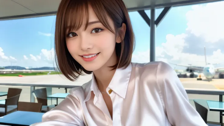 product quality, upper body shot, Stylish cafe terrace at the airport, beauty salon model, young beautiful japanese woman, short bob hair, hyper pretty face, glamorous, I wear a satin silk white shirt with short sleeves and long sleeves with a collar, A bi...