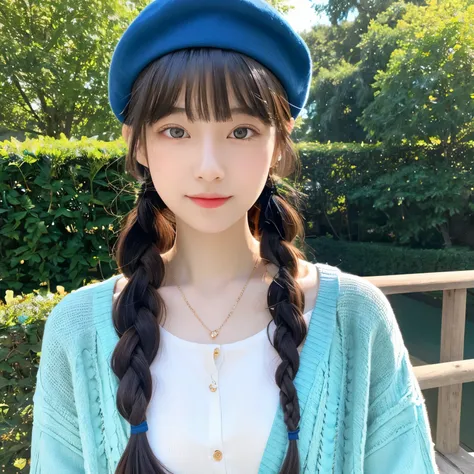 Long white hair like wings、25 years old、neutral、Long braids on both sides、kind face、Blue and red eyes、dark blue clothes、Light light blue cardigan、universe、necklace、green beret、Red mesh in the middle of the bangs