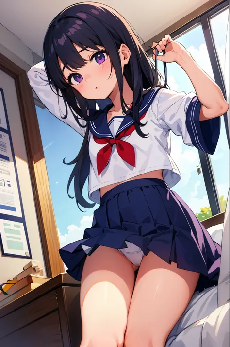 girl&#39;s room　elementary school girl　8-year-old　flat chest　black hair　long hair　The eyes are purple　（（1 person））　Upper height sleeve sailor suit　Lower body navy blue miniskirt　white panties（（スカートが捲れてwhite pantiesが見える））　white socks　lying on the bed　dynami...